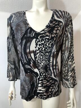 Le Mieux Studio New Womens Large Knit Top Animal Print Sheer 3/4 Sleeves Beads